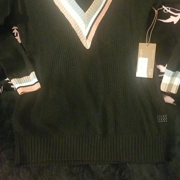 Nordstrom's KERISMA Rica Black Mesh Sheer Top. Earth Tones accent V-Neck - Picture 4 of 15